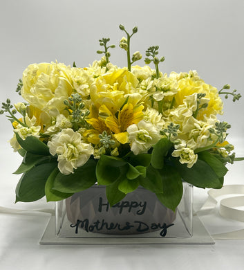 Acrylic Gift Box with Cake and Flower Arrangements-Yellow