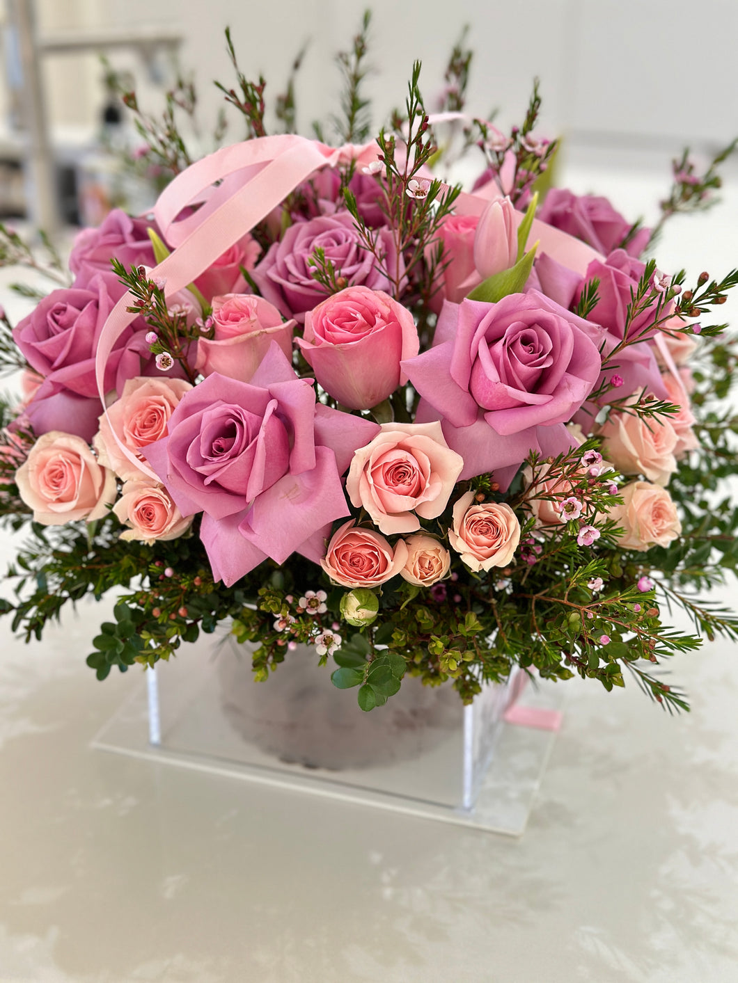 Acrylic Gift Box with Cake and Flower Arrangements-Pink