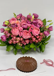 Valentines Acrylic Gift Box with Cake and Flower Arrangements PINK COLOR