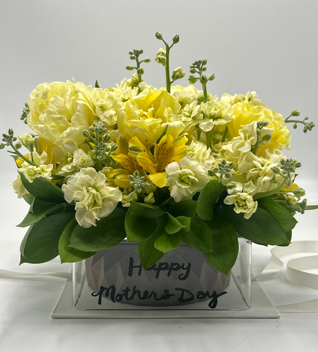 Acrylic Gift Box with Cake and Flower Arrangements-Yellow